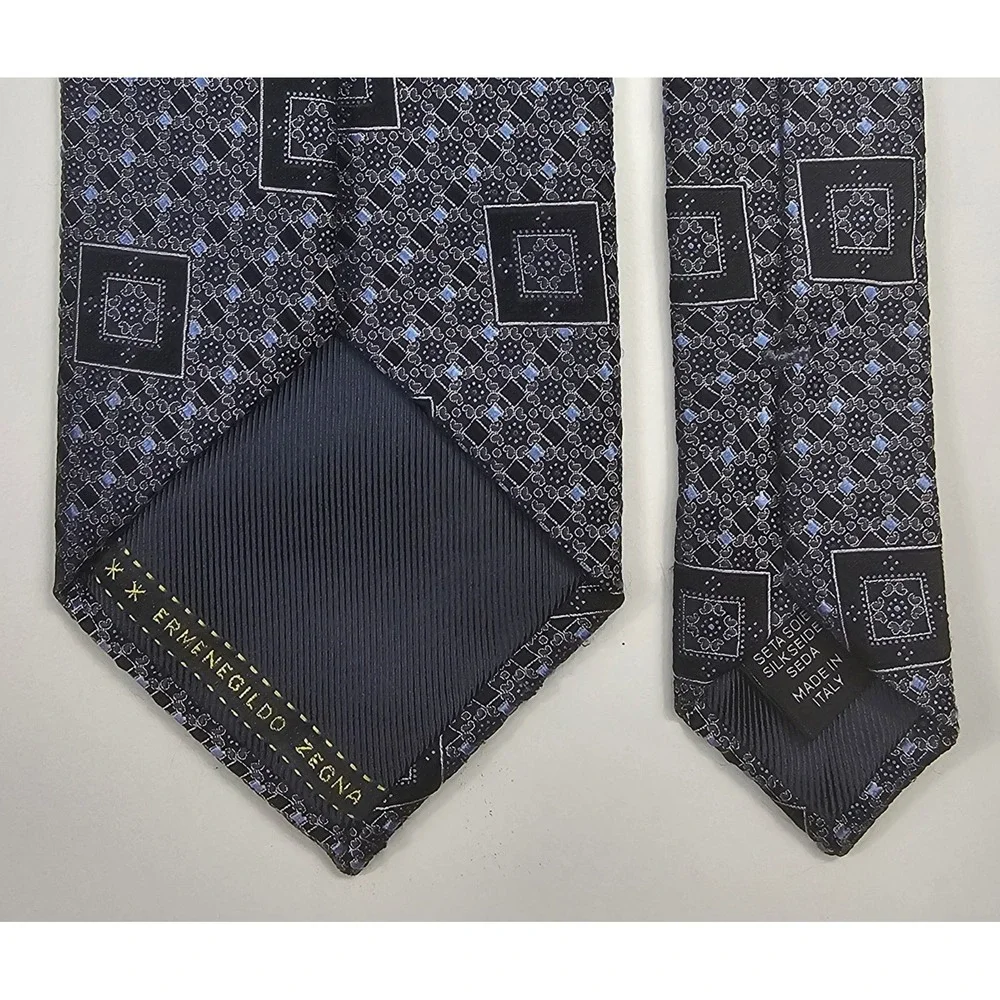 ERMENEGILDO ZEGNA Men's 100% Silk LUXURY Tie‎ Blue Black Silver Geometric